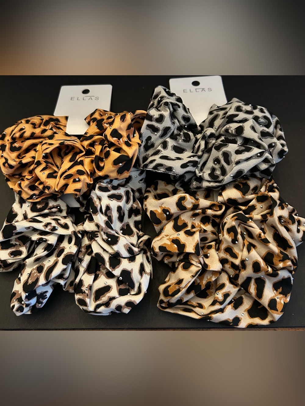 ELLAS Leopard Print Scrunchie Set of (4) Four: Black, White, Tan, Camel - NWT